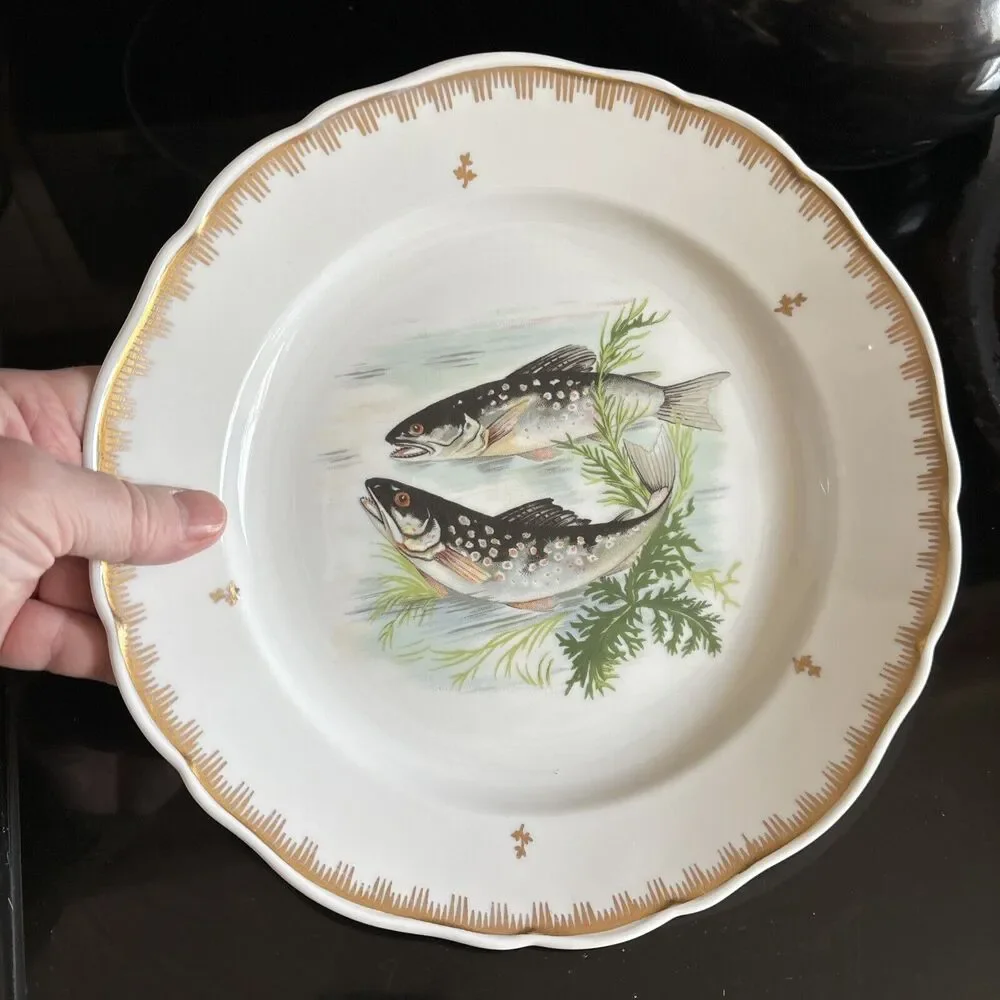 Hand Painted Fish Pattern Porcelain Dinner Plate Made In France Gold Gilt Rim